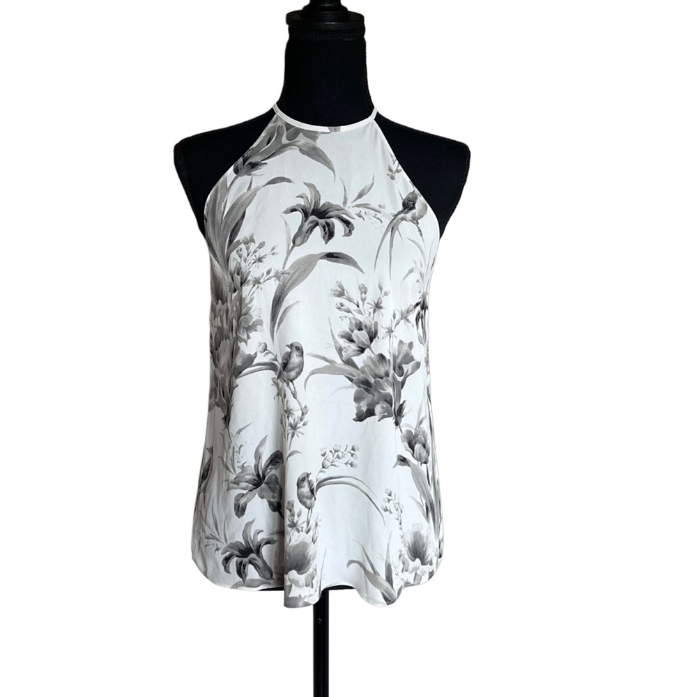LOFT Floral Bird Halter Neck Blouse Top White Gray XS